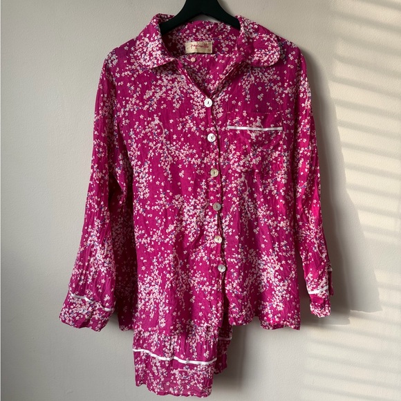 Anthropologie Papinelle Cheri Blossom Full Length Pajama Set Size L Silk Blend - Picture 2 of 16